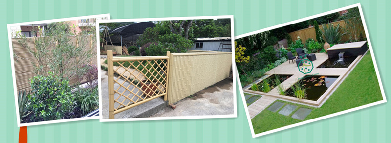 Tropical landscape design with plastic bamboo panels as fencing screen