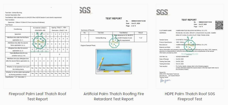 SGS fireproof test report for synthetic thatch tiles in China