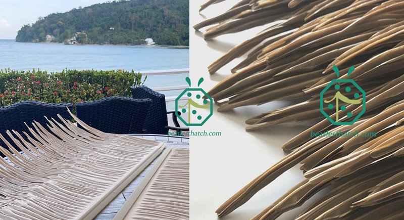 Synthetische Dachziegel aus Palmstroh für den Bau von Tiki-Hütten-Bungalows in Resorthotels auf den Malediven