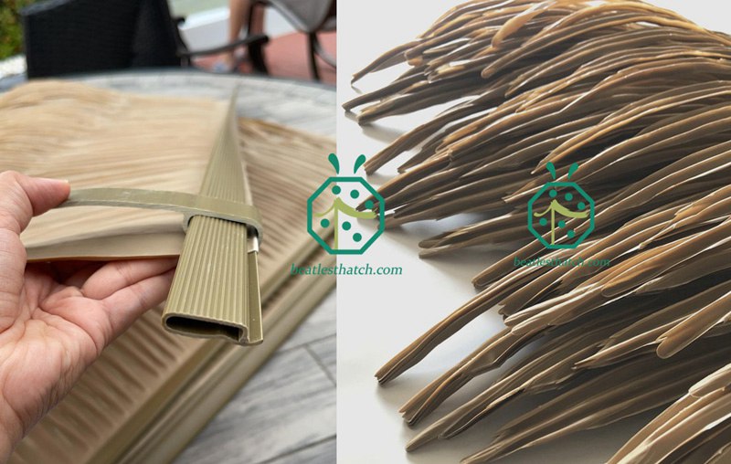 Windproof clips and fixing rails for synthetic palm thatch roof panel installation