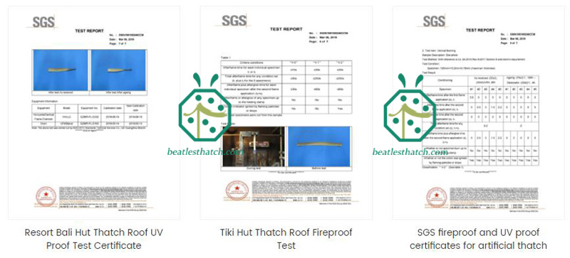 SGS certificate of fire retardant and UV-proof for synthetic kaya thatch roof panels