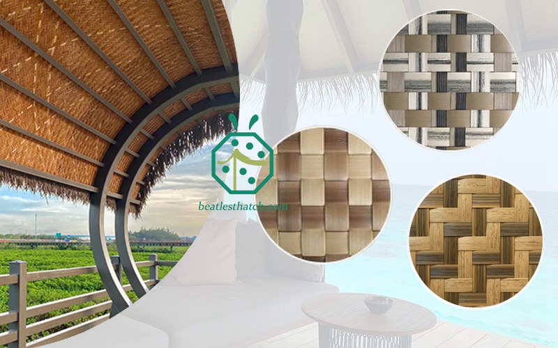 Artificial palm leaf woven panels for tiki bar wall and ceiling cover