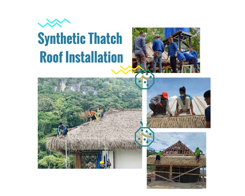 Residential or commercial fake thatch roof shingles installation for gazebo, cottage, palapa, tiki hut, or resort overwater villa room