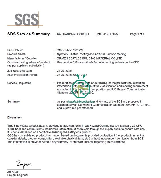 Beatles MSDS-Zertifikat für künstliches Stroh und gewebte Matten